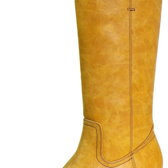 Women's Faux Leather Knee High Boots Chunky Heel Square Toe Casual Stylish